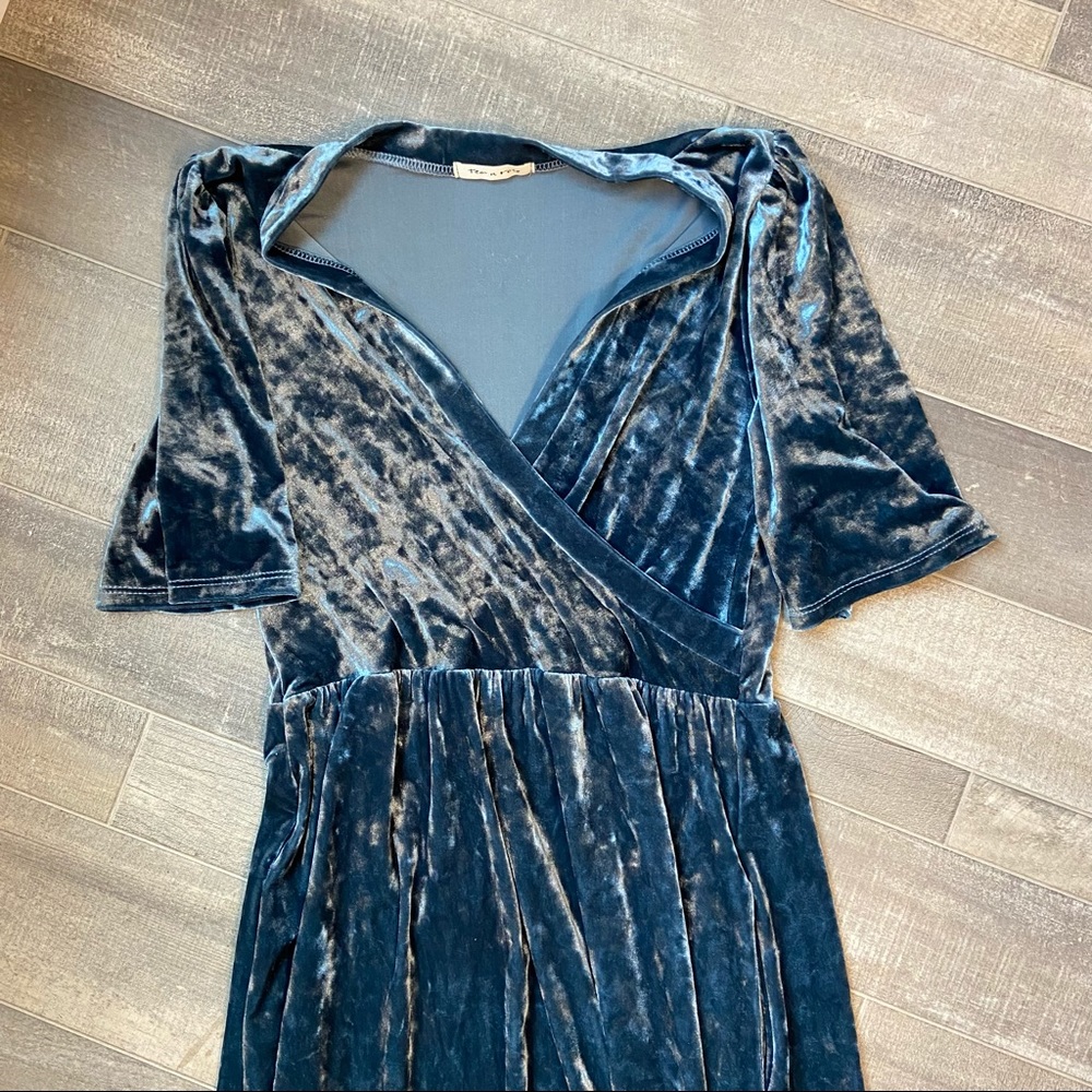 crushed blue velvet wrap dress